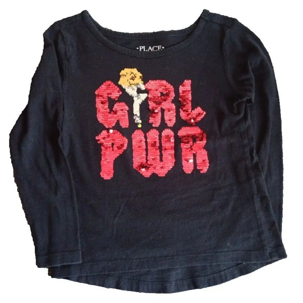 Childrens Place Shirt Size 4T Girls Black Flip Sequence Girl Pwr Long Sleeve